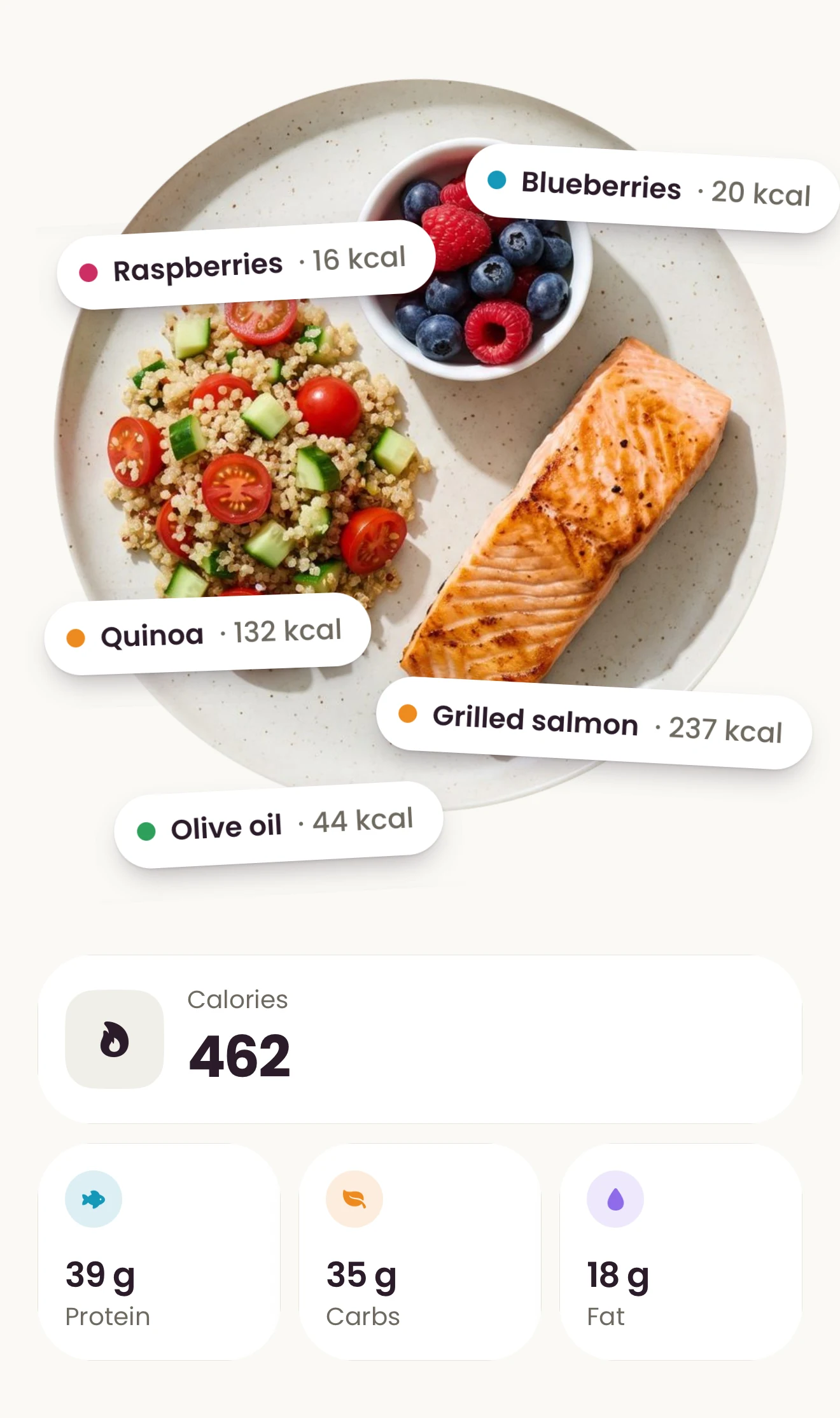 A plate of salmon with quinoa salad and berries, with each food named: grilled salmon 237 kcal, quinoa 132 kcal, olive oil 44 kcal, blueberries 20 kcal and raspberries 16 kcal. The meal adds up to 462 calories, 39 g protein, 35 g carbs and 18 g fat.