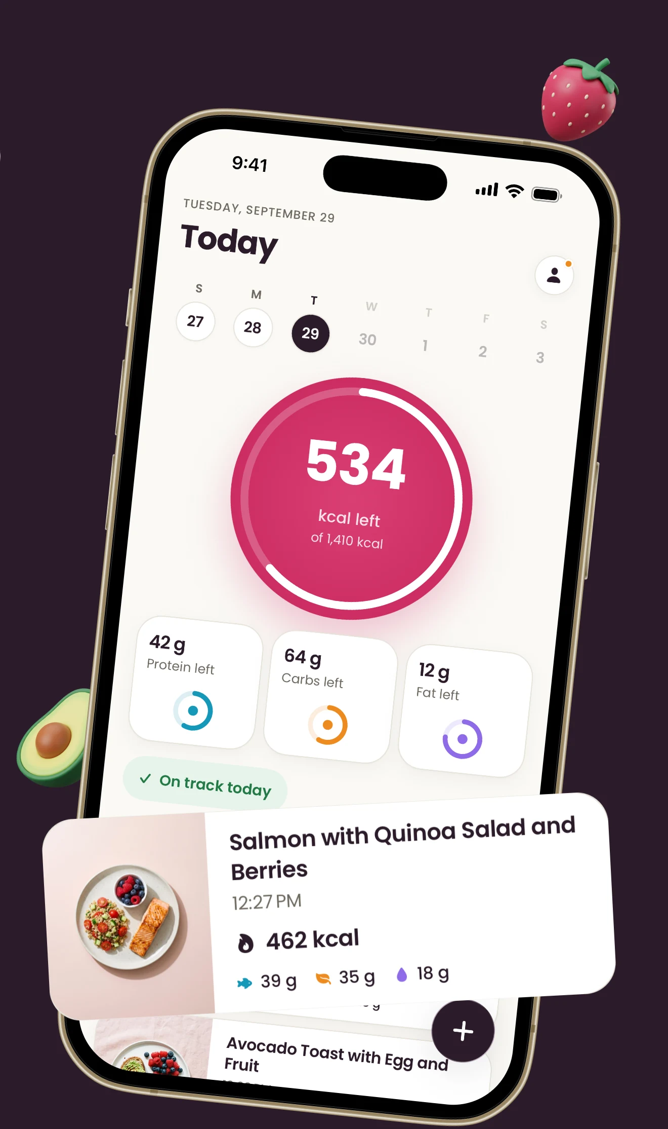 Heyberry Today: 534 of 1,410 calories left, 42 g protein, 64 g carbs and 12 g fat left, on track, with the salmon meal logged.